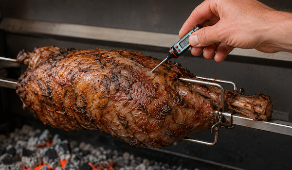Inserting a meat thermometer into the thickest part of a lamb leg on a rotisserie spit